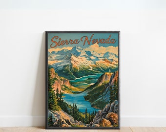 Cartel de viaje vintage de Sierra Nevada - Impresión de Sierra Nevada, Arte de la pared de California, Enmarcado, Regalo Nevada presente