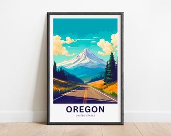 May include: A colorful illustration of a mountain range with a road leading through it. The text "OREGON UNITED STATES" is at the bottom of the image.