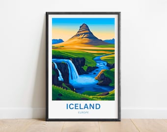 May include: A colourful illustration of a mountain range with a waterfall and a river flowing through a green valley. The text "ICELAND EUROPE" is at the bottom of the image.