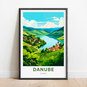Impressão de viagem do Danúbio - pôster do Danúbio, arte da parede do rio Danúbio, presente emoldurado, presente de decoração da Europa, personalize seu texto