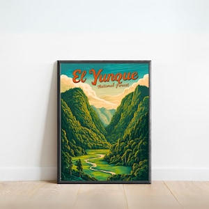 El Yunque Vintage Reiseplakat - El Yunque National Forest Fluss Druck, Puerto Rico Wandkunst, gerahmt, Geschenk Puerpo Rico Geschenk