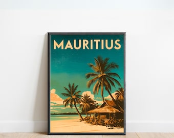 May include: A vintage travel poster with a teal background featuring the text "Mauritius" in a yellow font. The poster depicts a tropical beach scene with palm trees and a small hut.
