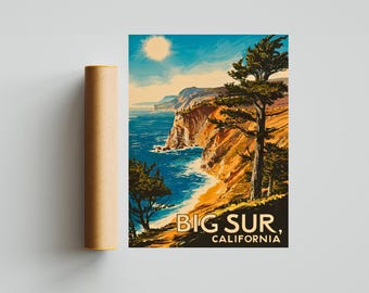 NUDE PUBLIC BIG SUR CALIF 60S ヴィンテージポスター Big Sur Vintage Travel Poster - Big Sur Print, California Wall Art