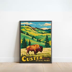 Poster di viaggio vintage del Custer State Park - Stampa del Custer State Park, arte murale del South Dakota, regalo incorniciato, regalo South Dakota Present