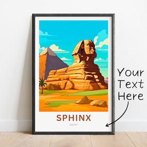 May include: A colourful illustration of the Great Sphinx of Giza in Egypt. The Sphinx is a large, stone statue with a human head and a lion's body. The Sphinx is set against a blue sky with white clouds. The text "SPHINX" and "EGYPT" is below the image.