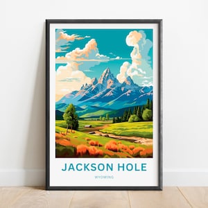Jackson Hole Reise-Druck - Jackson Hole Plakat, Wyoming Wandkunst, gerahmtes Geschenk, Geschenk Wyoming vorhanden