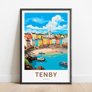 Tenby Travel Print - Cartel de Tenby, Arte de la pared de Gales, Presente enmarcado, Regalo Gales Presente