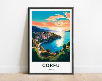 Può includere: Un'illustrazione colorata di una città costiera a Corfù, Grecia. L'immagine presenta un tramonto vibrante su una baia con una piccola barca nell'acqua. La città è costruita su una collina con edifici colorati e vegetazione lussureggiante.