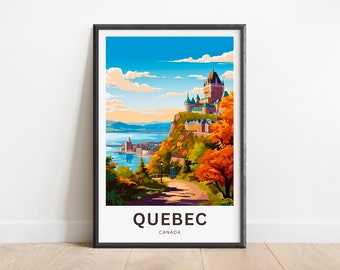 May include: A vintage travel poster featuring a colourful illustration of the Chateau Frontenac in Quebec City, Canada. The poster has a blue sky with white clouds, a river, and a green hill with autumn foliage. The text "QUEBEC CANADA" is at the bottom of the poster.