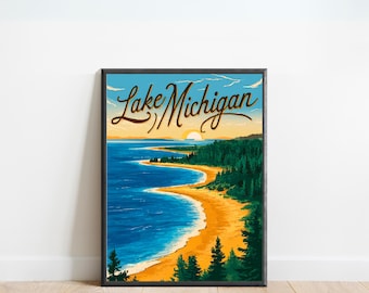 Lake Michigan Vintage Reise Poster - Lake Lake Lake Lake Art Wand Kunst - Lake Lake Falls Wand Kunst - Geschenk - USA Geschenk -