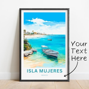 May include: A colorful illustration of a beach scene with turquoise water, white sand, palm trees, and two boats. The text "ISLA MUJERES MEXICO" is at the bottom of the image.