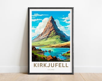 May include: A colorful illustration of Kirkjufell mountain in Iceland. The mountain is a sharp peak with green grass and brown rock. A blue lake is in the foreground with a few rocks and a reflection of the sky. The text "KIRKJUFELL" and "ICELAND" is at the bottom of the image.