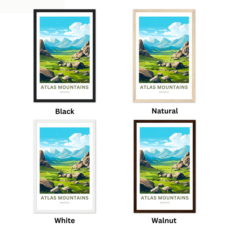 Op de afbeelding: Vier ingelijste kunstdrukken met een landschap van het Atlasgebergte in Marokko. Elke print toont een levendige illustratie van bergen, groene velden en een blauwe lucht. De lijsten zijn zwart, naturel, wit en walnoot.