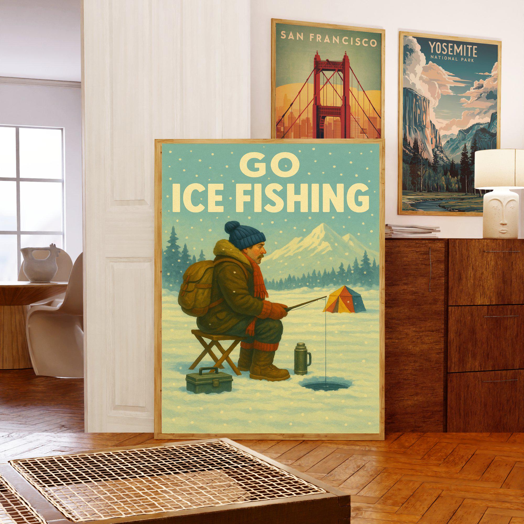 Ice Fishing Poster – Cozy Winter Adventure Wall Art for Outdoor