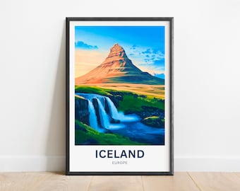 May include: A framed poster with a colorful illustration of a mountain and waterfall in Iceland. The poster has the text "ICELAND" and "EUROPE" printed on it.