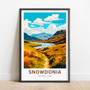 Impressão de viagem de Snowdonia - pôster de Snowdonia, arte de parede do parque nacional, presente emoldurado, presente do País de Gales