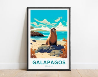 Pode incluir: Um cartaz de viagem colorido com um leão marinho sentado em uma rocha em uma praia com água azul e um céu azul brilhante. O cartaz tem o texto "GALAPAGOS ECUADOR" na parte inferior.
