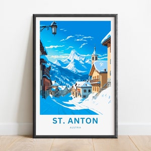 May include: A colorful illustration of a snowy mountain village with a church steeple and a street lamp. The text "ST. ANTON AUSTRIA" is at the bottom of the image.