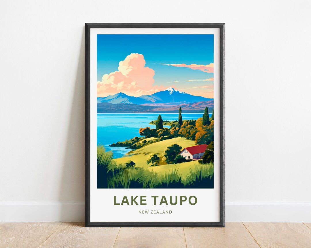 Lake Taupo Travel Print Lake Taupo Poster, New Zealand Wall Art, Framed