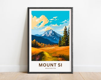 May include: A colorful illustration of Mount Si in Washington state. The image features a mountain peak with a blue sky and white clouds above. The foreground shows a path leading through a field of yellow grass with trees on the right side of the image.