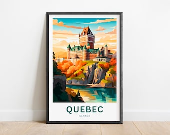 May include: A colorful illustration of the Chateau Frontenac in Quebec City, Canada. The castle is perched on a cliff overlooking a river with fall foliage in the foreground. The text "QUEBEC CANADA" is at the bottom of the image.