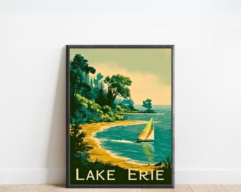 Cartel de viaje vintage del lago Erie - Impresión del lago Erie, arte de la pared de los Grandes Lagos, enmarcado, regalo Grandes Lagos presentes