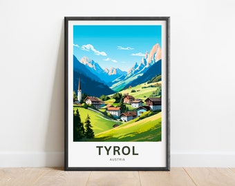 May include: A framed art print featuring a vibrant illustration of the Tyrol region in Austria. The artwork depicts a picturesque village nestled in a valley, surrounded by lush green hills and towering mountains under a bright blue sky. The text "TYROL AUSTRIA" is at the bottom.