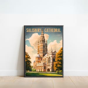 Salisbury Cathedral Vintage Travel Poster - York print, England Wall Art, Framed present, Gift England Present