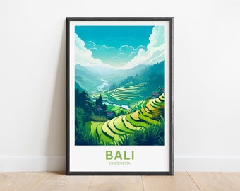 May include: A colorful illustration of rice paddies in Bali, Indonesia. The image features a vibrant green landscape with a blue sky and white clouds. The text "BALI INDONESIA" is at the bottom of the image.