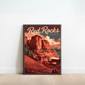 Poster da viaggio vintage di Red Rocks - Stampa Red Rocks, Colorado Vintage Wall Art, regalo incorniciato, regalo Colorado Present