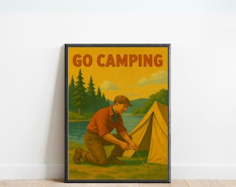Póster de camping: arte mural retro de aventuras en la naturaleza para amantes de la naturaleza
