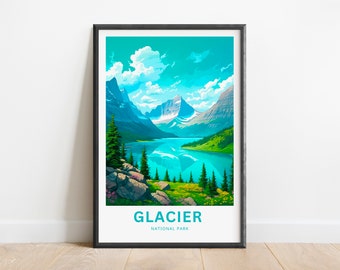 May include: A framed poster with a colorful illustration of a mountain range and a lake. The text "GLACIER NATIONAL PARK" is at the bottom of the poster.