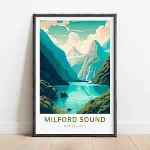 Milford Sound Travel Print - Cartel de Milford Sound, Arte de la pared de Nueva Zelanda, Presente enmarcado, Regalo Nueva Zelanda Presente