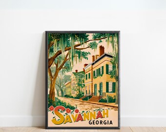 May include: A vintage travel poster featuring a colourful illustration of a street lined with yellow houses in Savannah, Georgia. The poster has a black frame and the text "Savannah, Georgia" is printed at the bottom.