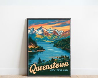 Plakat podróżniczy Queenstown Vintage - wydruk Queenstown, Nowozelandzka sztuka ścienna Vintage, prezent w ramce, prezent Nowa Zelandia
