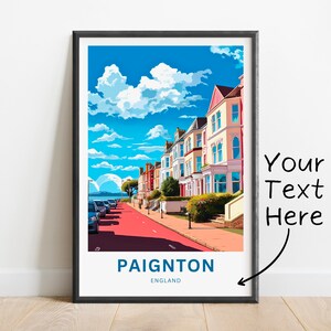 May include: A colorful illustration of a street scene in Paignton, England. The image features a row of colorful houses with a red road in front of them. The sky is blue with white clouds. The text "Paignton, England" is at the bottom of the image.
