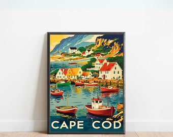 Cartel de viaje vintage de Cape Cod, impresión de Cape Cod, arte de la pared de Massachusetts, presente enmarcado, regalo de Massachusetts presente