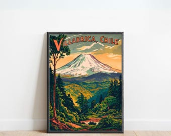 Póster de viaje vintage de la montaña Villarrica - Impresión de Villarrica, arte de pared de Chile, enmarcado, regalo de Chile