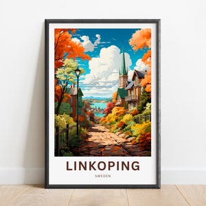 May include: A vintage travel poster featuring a colorful illustration of a street scene in Linkoping, Sweden. The poster features a cobblestone street lined with trees in autumn colors, a church steeple, and a street lamp. The text "LINKOPING" and "SWEDEN" is printed at the bottom of the poster.