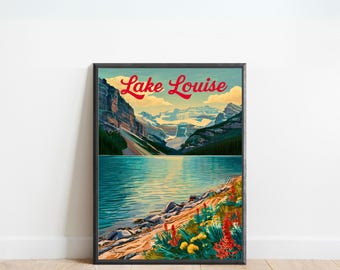 May include: A vintage travel poster featuring a scenic view of Lake Louise in Banff National Park, Canada. The poster has a blue, green, and brown color scheme with the text "Lake Louise" in red.