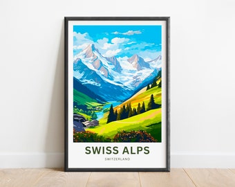 May include: A framed poster with a colorful illustration of the Swiss Alps. The poster features a mountain range with a valley and a river. The text "SWISS ALPS" and "SWITZERLAND" is printed at the bottom of the poster.