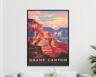 May include: A vintage travel poster featuring a colorful illustration of the Grand Canyon National Park. The poster has a black border and the text "Grand Canyon National Park" at the bottom.