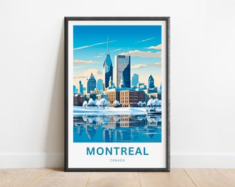 Op de afbeelding: Een kleurrijke illustratie van de skyline van Montreal met de naam van de stad en "Canada" eronder. De illustratie toont een stadsbeeld met hoge gebouwen, een rivier en bomen bedekt met sneeuw.