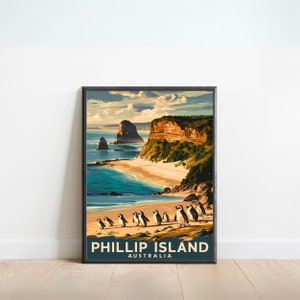 Pôster de viagem vintage de Phillip Island - impressão de Phillip Island, arte de parede vintage da Austrália, presente emoldurado, presente da Austrália