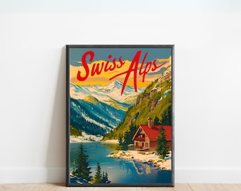 May include: A vintage travel poster with a black frame featuring a scenic view of the Swiss Alps with a small cabin nestled in the mountains. The poster has the text "Swiss Alps" in red cursive lettering.