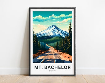 Mount Bachelor Travel Print - Cartel de Mount Bachelor, Arte de la pared de Oregón, Regalo enmarcado, Regalo de Oregón Presente