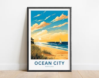 Ocean City Travel Print - Cartel de Ocean City, Arte de la pared de Maryland, Presente enmarcado, Regalo Maryland Presente