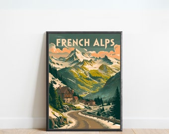 French Alps Vintage Travel Print - French Alps Vintage poster, France Wall Art, Framed present, Gift France Present