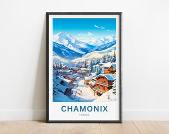 May include: A vintage travel poster featuring a snowy mountain village with red-roofed houses and the text "Chamonix, France".
