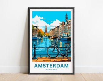 Amsterdam Travel Print - Cartel de Amsterdam, Arte de la pared de los Países Bajos, Presente enmarcado, Regalo Países Bajos Presente